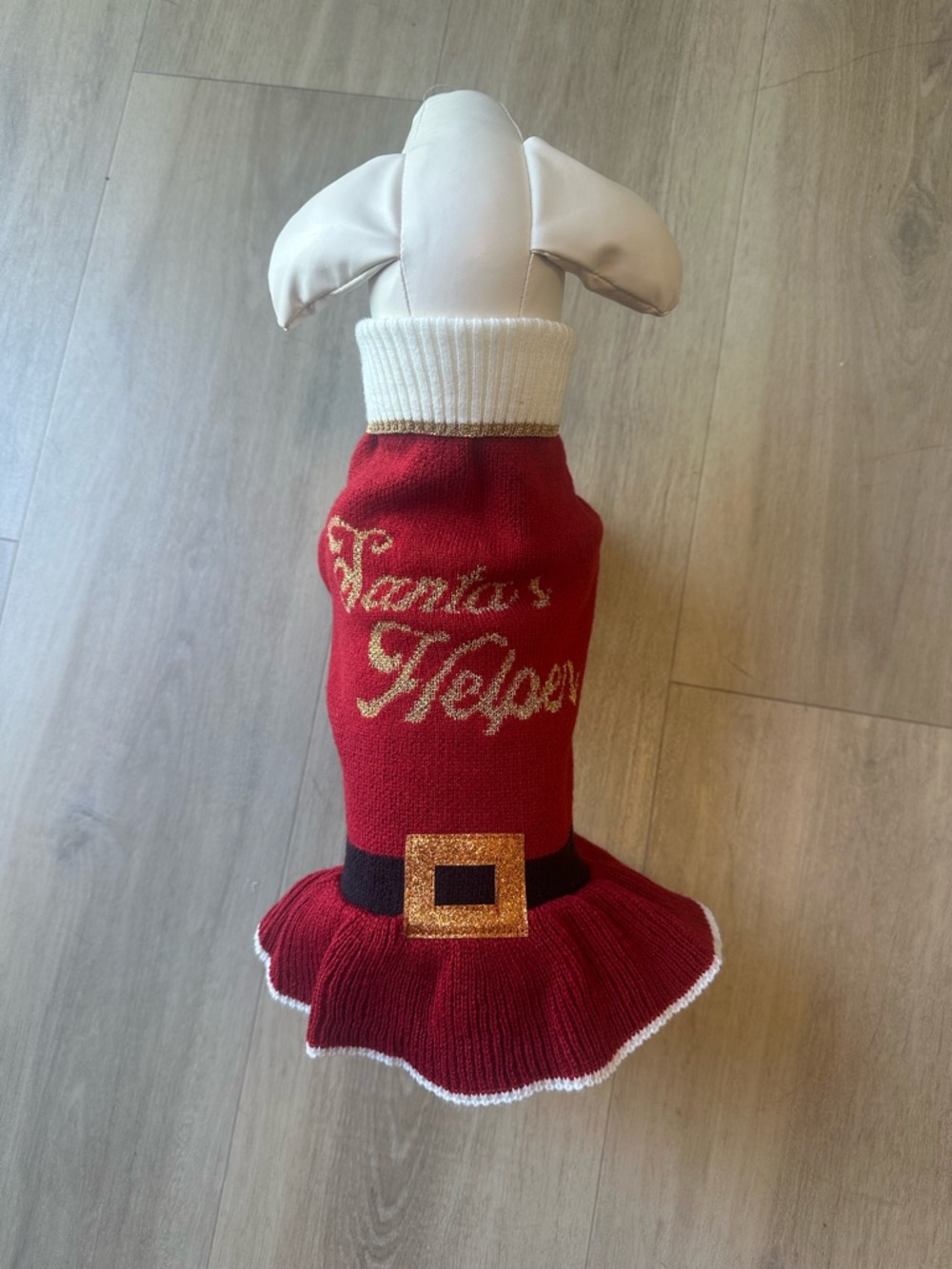 Red 'Santa's Helper' Knit Dog Dress with Belt Detail
